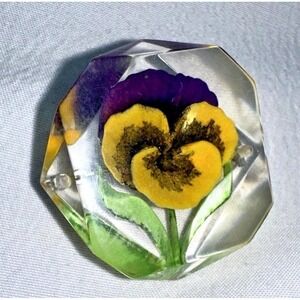 Vintage 1.5" Clear Acrylic Suspended Purple/Yellow Pansy Brooch Pin